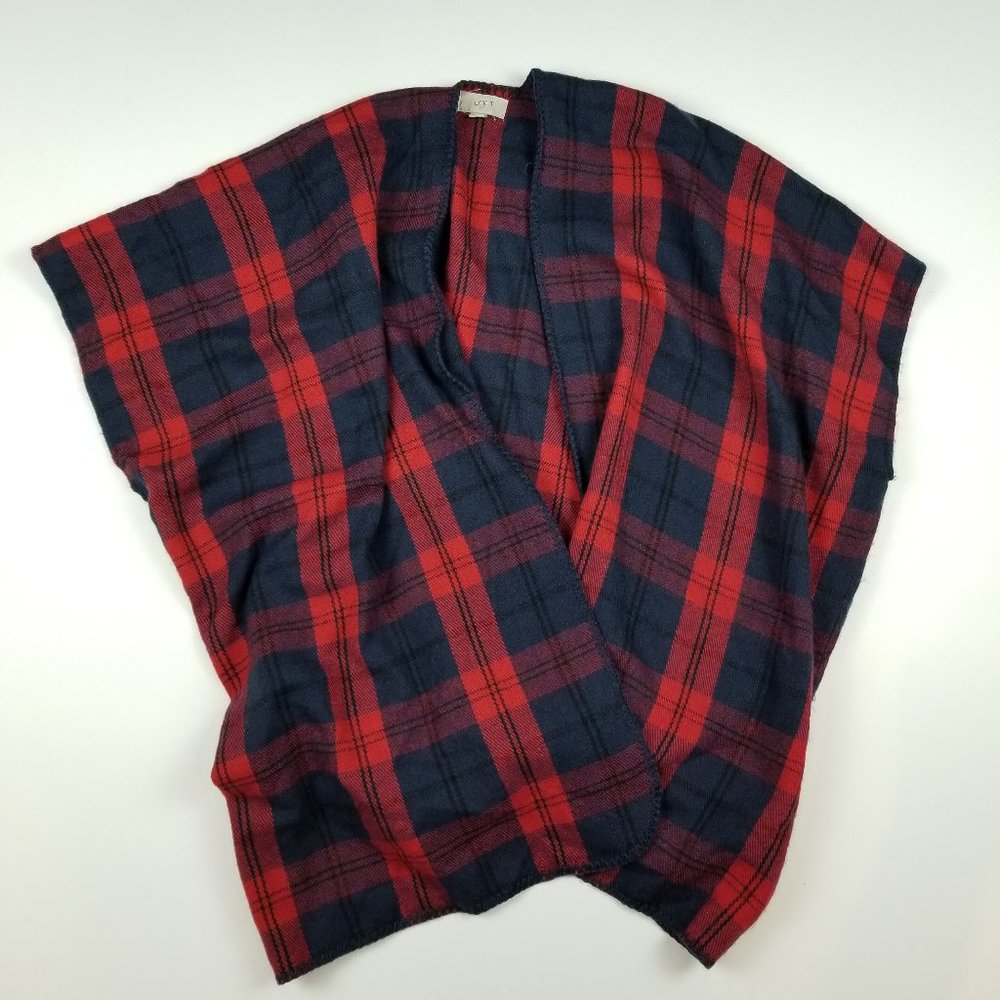 LOFT Blanket Flannel Shawl Wrap Poncho One Size Red & Blue Oversized Scarf NWOT